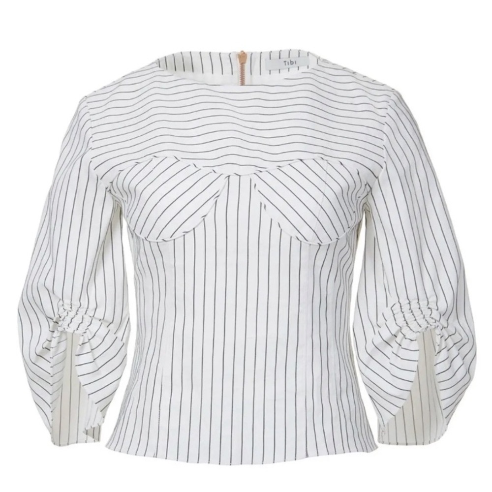 TIBI CECIL STRIPE‎ PEPLUM CORSET TOP Blouse Linen Cotton Size 2